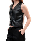 Black Faux Leather Button-Up Vest