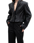 Cropped Black Faux Leather Blazer